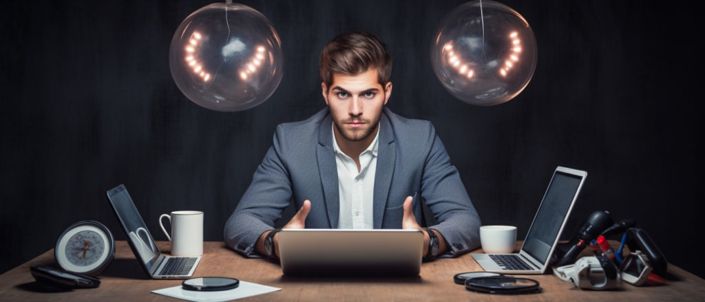 a man at a desk with computers