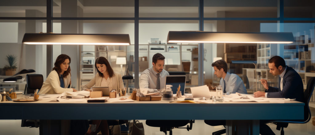 2 women and 3 men working at a desk together in an office