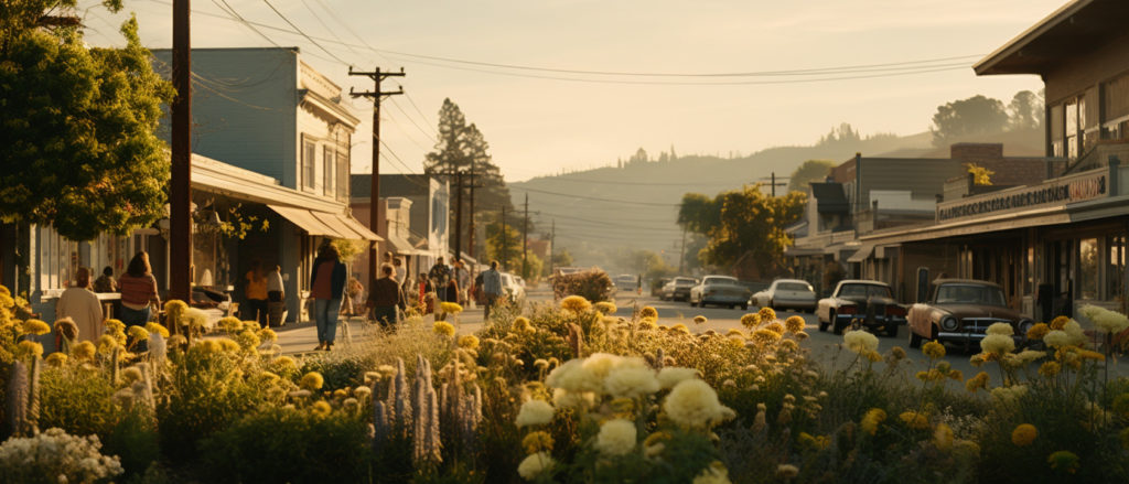 a small town with flowers growing in the street representing prosperity 