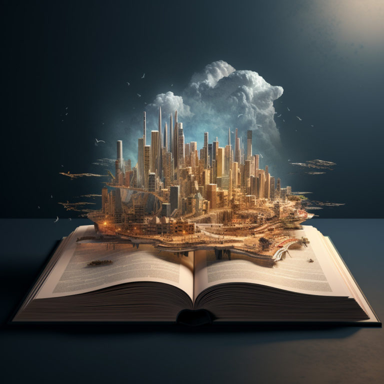 book with a 3d city on top to create an illusion that the book has come to life
