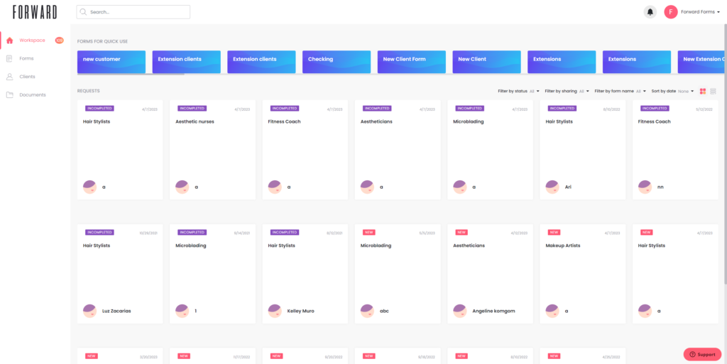 a screenshot of the dashboard of a software called forward forms