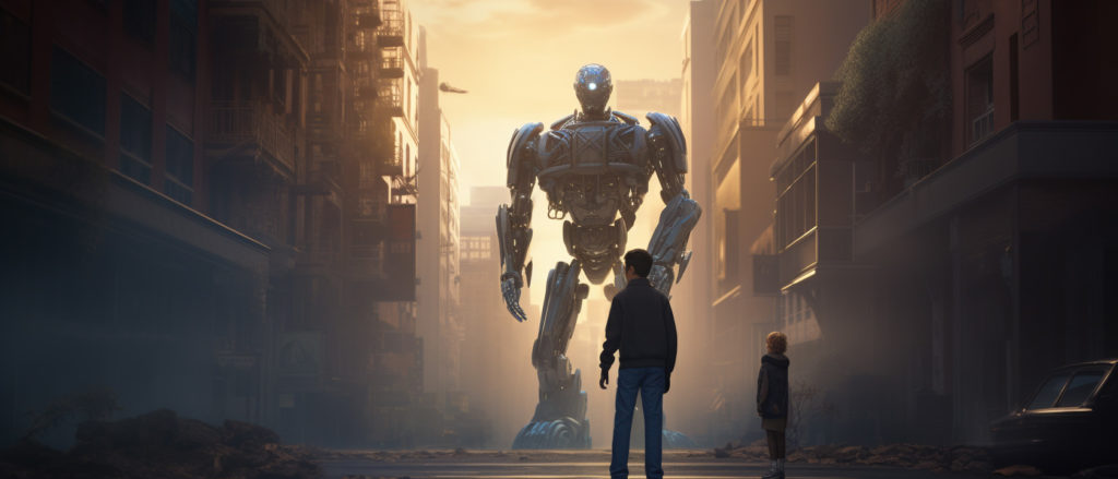 kid looking at large metal robot