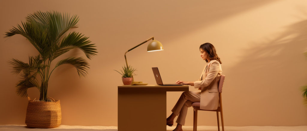 a woman sitting at a desk ona laptop