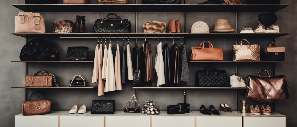 a shelf with purses and jackets
