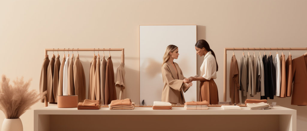 2 women making a transaction at a clothing store